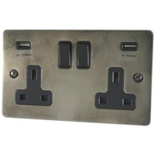 Flat Slate Effect Double Socket with USB (Black Switches)